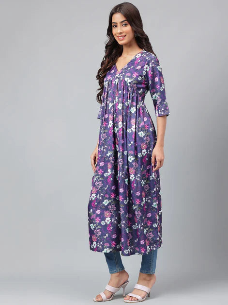 Navy Blue Satin Digital Floral Printed Gathered Kurta