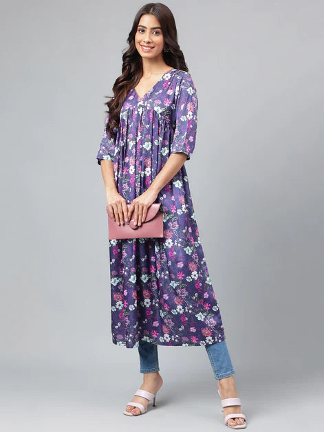 Navy Blue Satin Digital Floral Printed Gathered Kurta