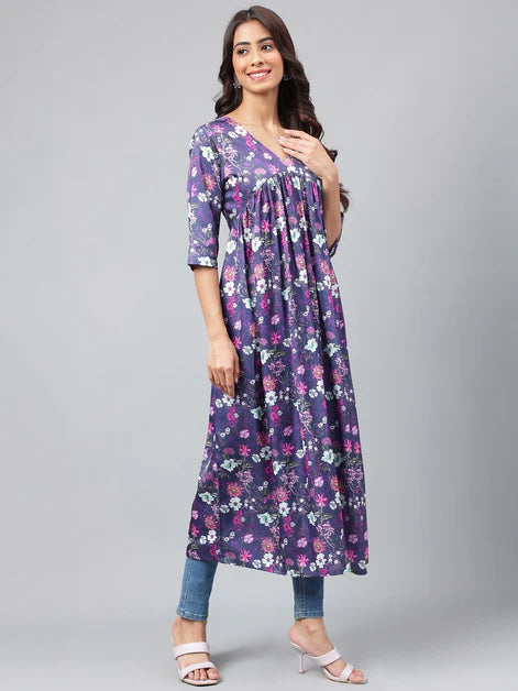 Navy Blue Satin Digital Floral Printed Gathered Kurta