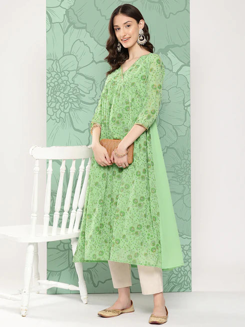 Light Green Georgette Digital Floral Printed Flared Kurta