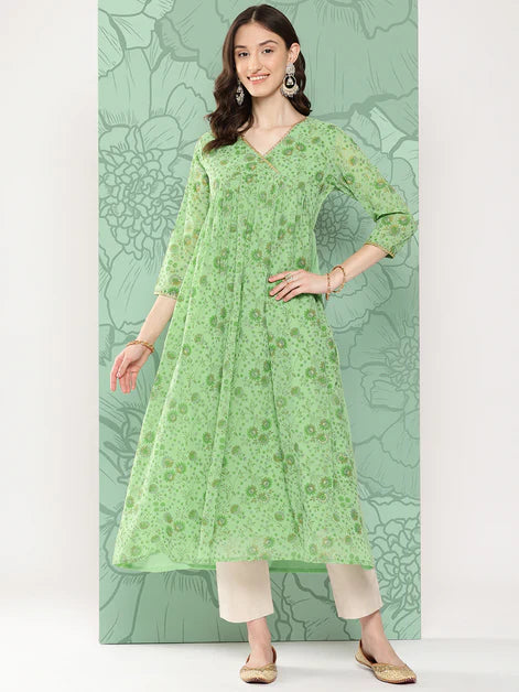 Light Green Georgette Digital Floral Printed Flared Kurta