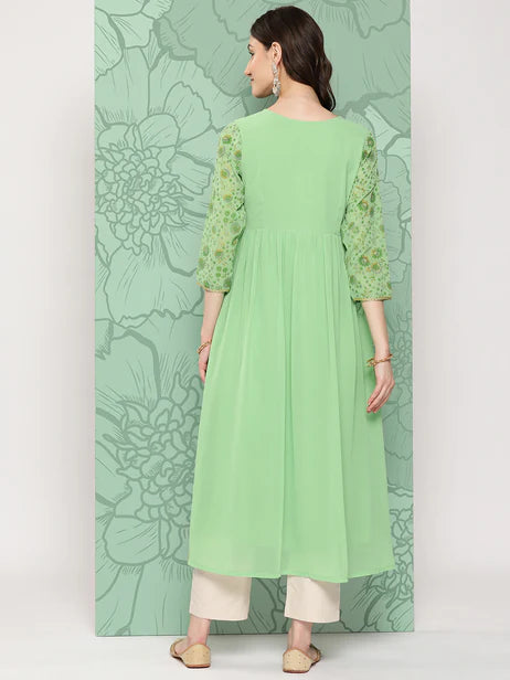 Light Green Georgette Digital Floral Printed Flared Kurta