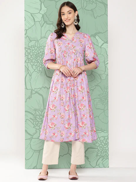 Lavender Moss Digital Floral Printed Flared Kurta