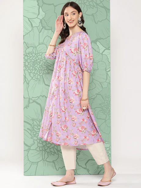 Lavender Moss Digital Floral Printed Flared Kurta