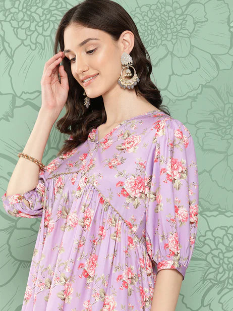 Lavender Moss Digital Floral Printed Flared Kurta