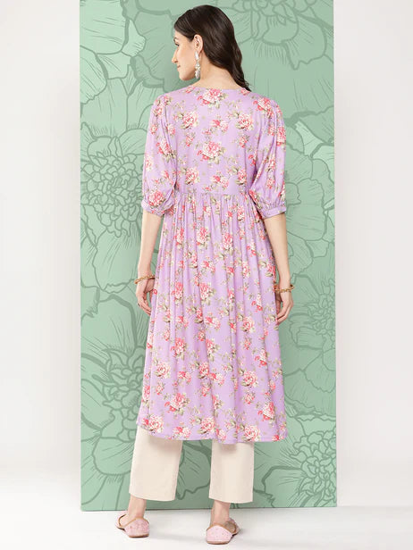 Lavender Moss Digital Floral Printed Flared Kurta