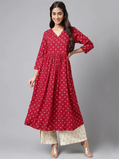 Maroon Crepe Bandhani Printed Flared Kurta