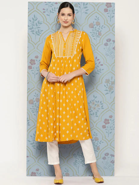 Yellow Rayon Ethnic Motif Printed A-Line Kurta