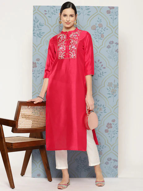 Pink Crepe Silk Yoke Embroidered Straight Kurta