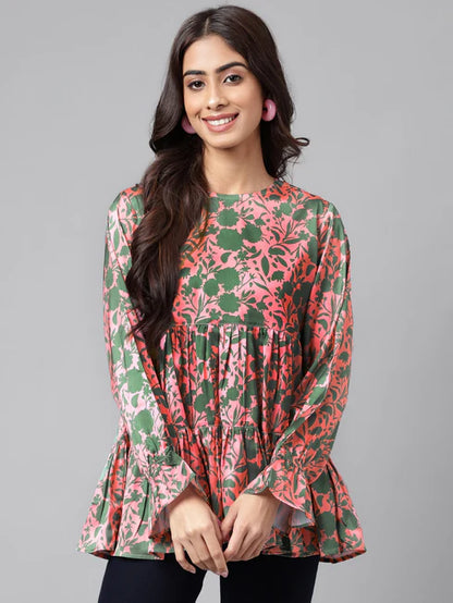 Pink Satin Digital Floral Printed Flared Top