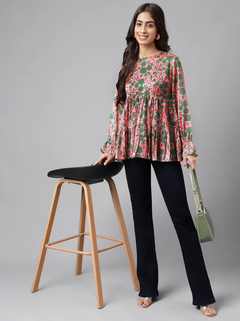 Pink Satin Digital Floral Printed Flared Top