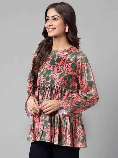 Pink Satin Digital Floral Printed Flared Top