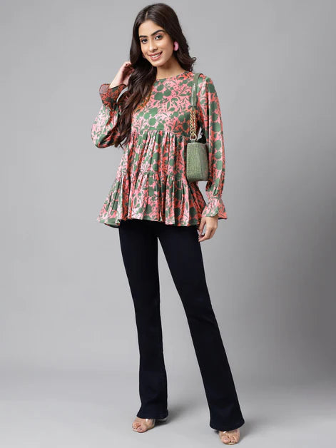 Pink Satin Digital Floral Printed Flared Top