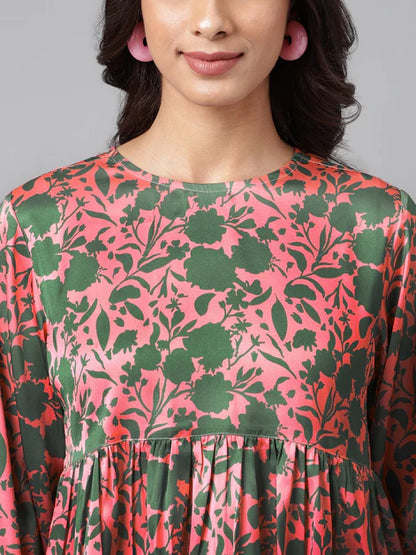 Pink Satin Digital Floral Printed Flared Top