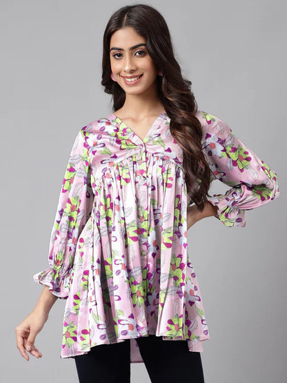 Lavender Satin Digital Floral Printed Flared Top