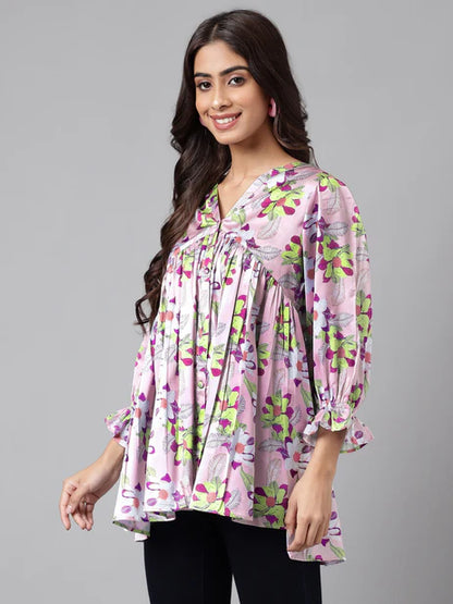 Lavender Satin Digital Floral Printed Flared Top