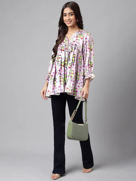 Lavender Satin Digital Floral Printed Flared Top