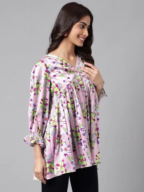 Lavender Satin Digital Floral Printed Flared Top