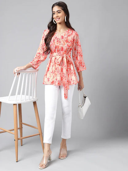 Peach Satin Digital Floral Printed A-Line Top