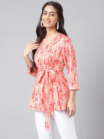 Peach Satin Digital Floral Printed A-Line Top