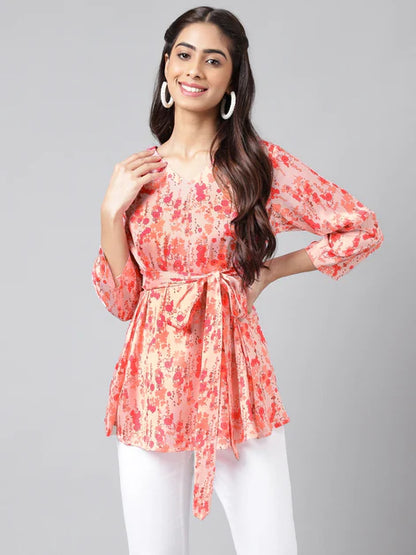 Peach Satin Digital Floral Printed A-Line Top