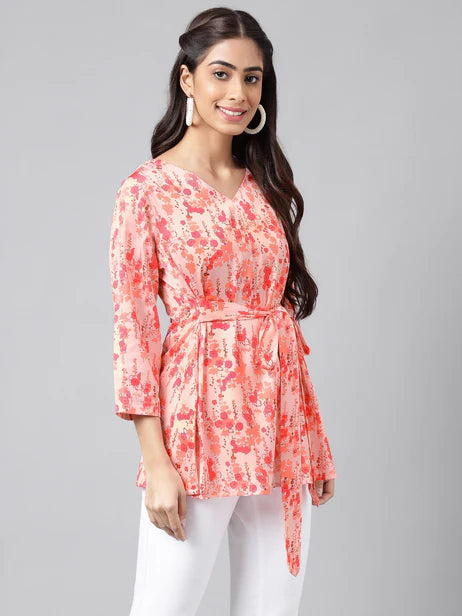 Peach Satin Digital Floral Printed A-Line Top