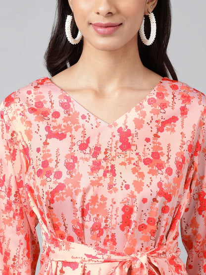 Peach Satin Digital Floral Printed A-Line Top