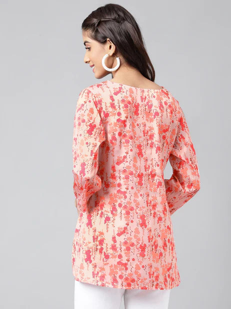 Peach Satin Digital Floral Printed A-Line Top