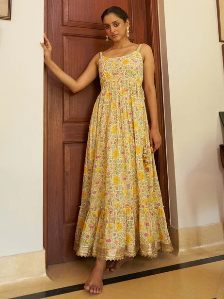 Multicolor Cotton Floral Printed Ruffled Maxi Dress