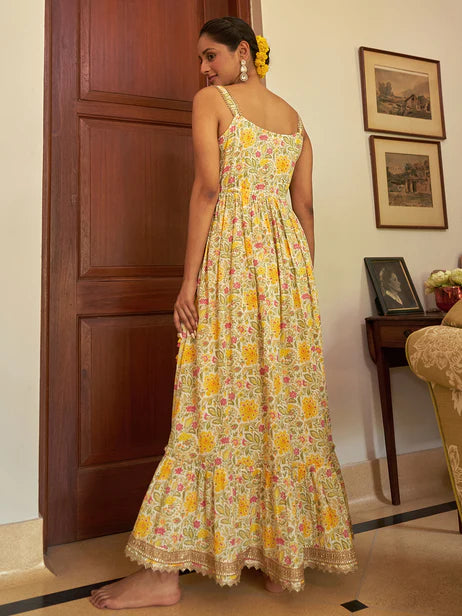 Multicolor Cotton Floral Printed Ruffled Maxi Dress