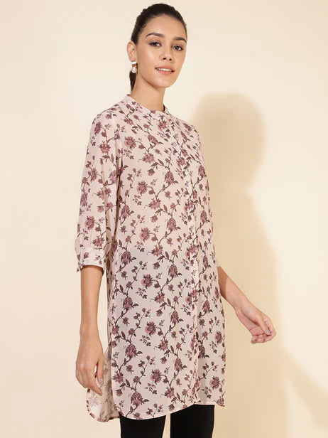 Beige Georgette Floral Printed Regular Tunic