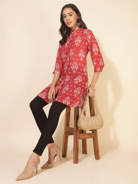 Red Georgette Floral Printed Regular Tunic