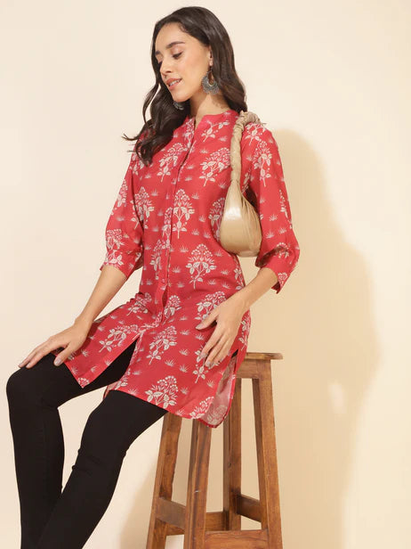 Red Georgette Floral Printed Regular Tunic