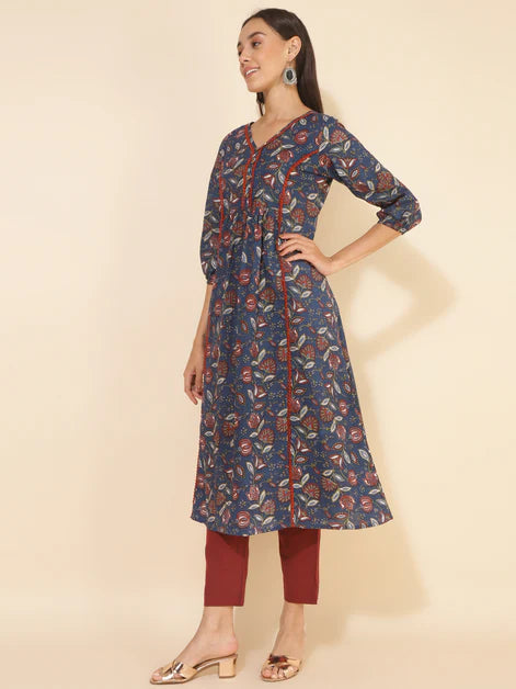 Blue Cotton Floral Printed A-Line Kurta