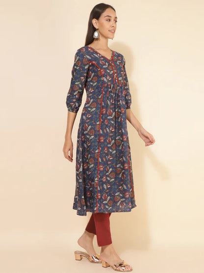 Blue Cotton Floral Printed A-Line Kurta