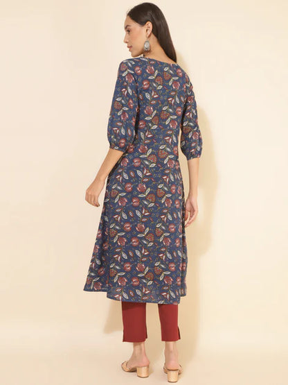 Blue Cotton Floral Printed A-Line Kurta