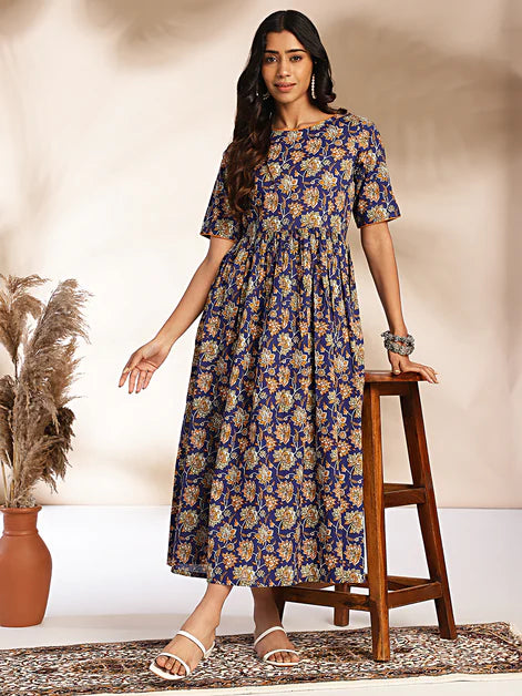 Dark Blue Cotton Floral Printed Gathered Maxi Dress