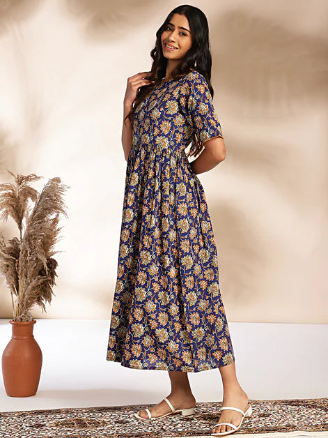 Dark Blue Cotton Floral Printed Gathered Maxi Dress