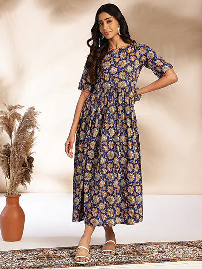 Dark Blue Cotton Floral Printed Gathered Maxi Dress