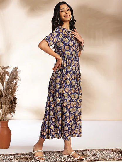 Dark Blue Cotton Floral Printed Gathered Maxi Dress