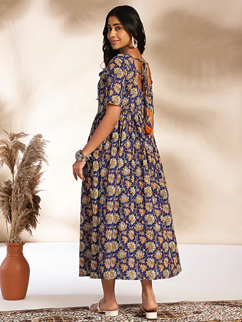 Dark Blue Cotton Floral Printed Gathered Maxi Dress