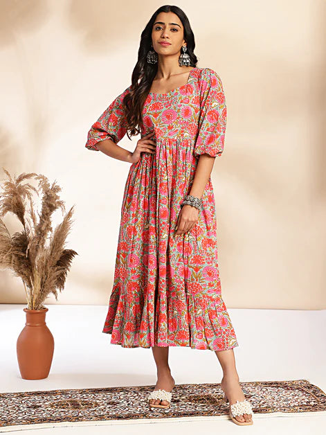 Multicolor Cotton Floral Printed Flared Dress