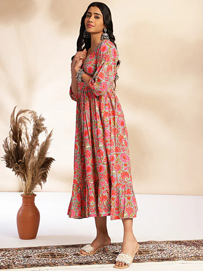 Multicolor Cotton Floral Printed Flared Dress