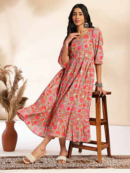 Multicolor Cotton Floral Printed Flared Dress