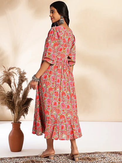 Multicolor Cotton Floral Printed Flared Dress