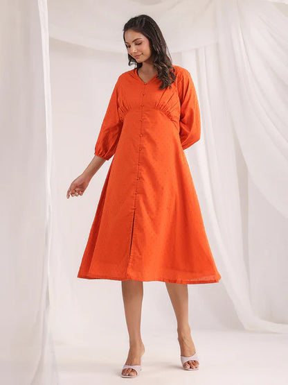 Orange Dobby Cotton Woven Design A-Line Dress