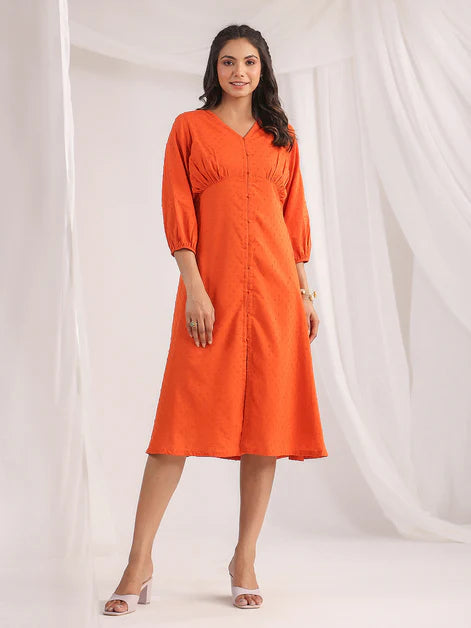 Orange Dobby Cotton Woven Design A-Line Dress