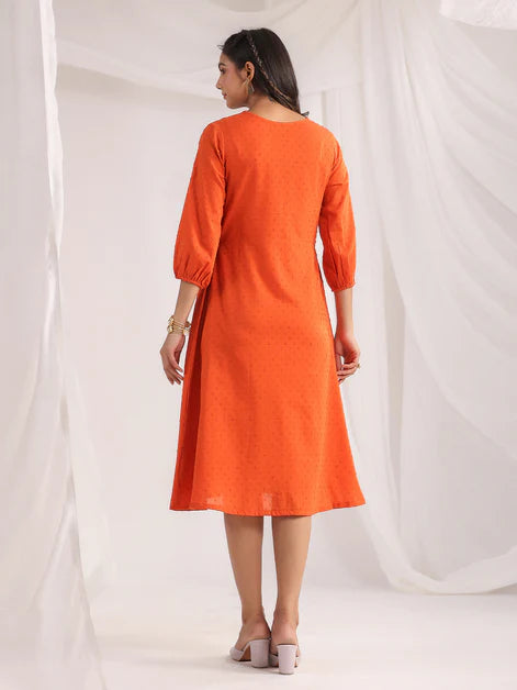 Orange Dobby Cotton Woven Design A-Line Dress