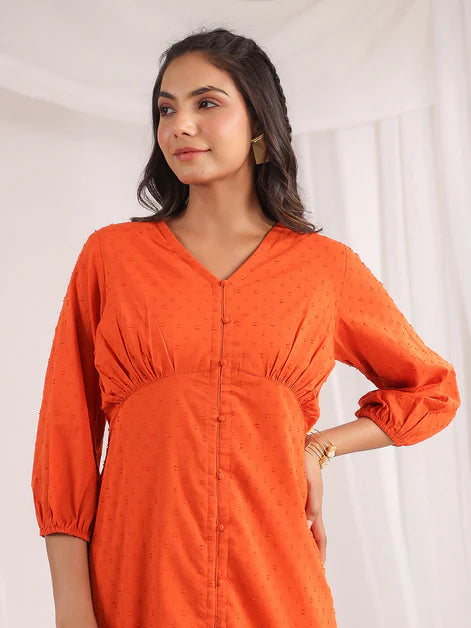 Orange Dobby Cotton Woven Design A-Line Dress