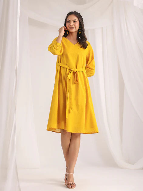 Yellow Dobby Cotton Self Design A-Line Dress